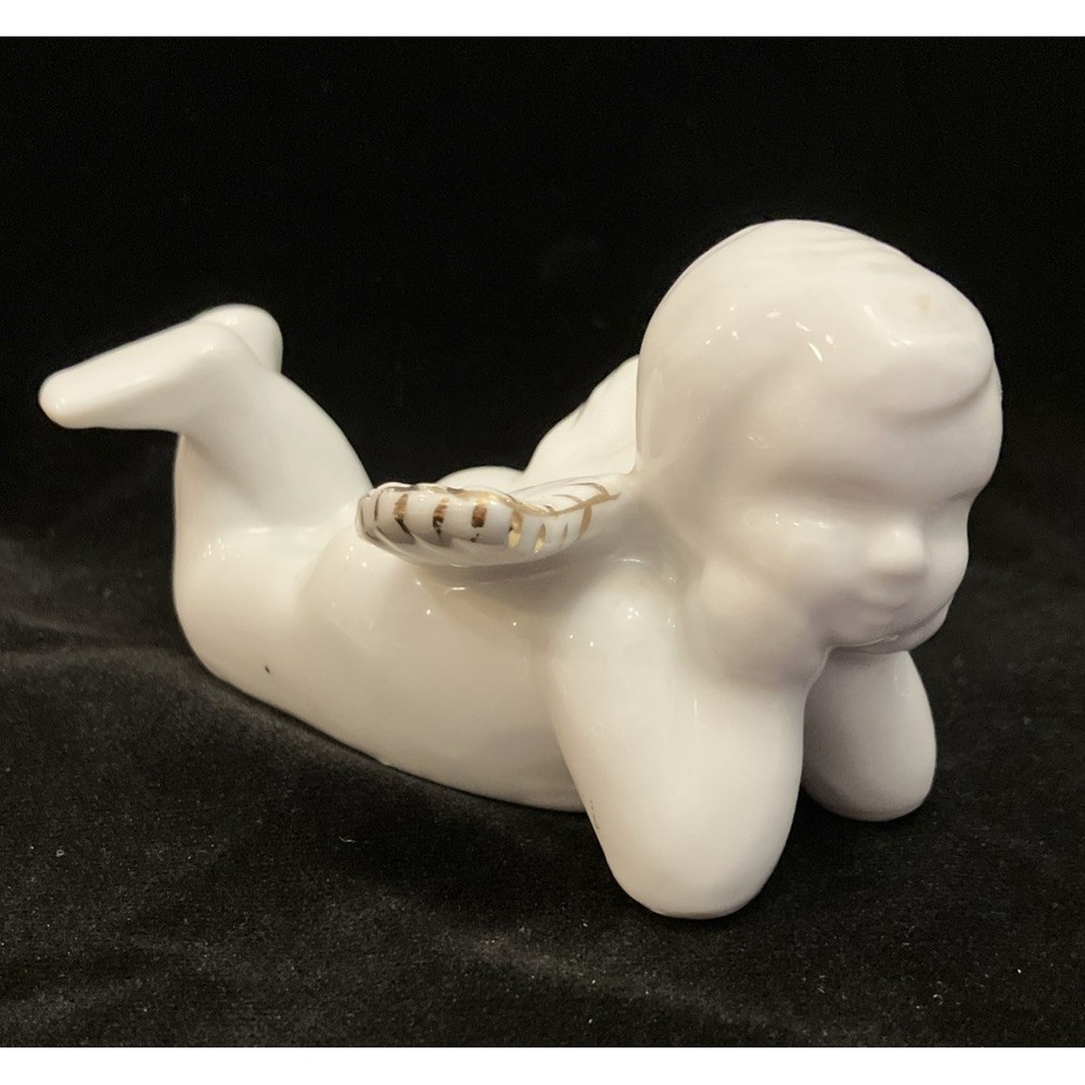 Vintage Milk White Ceramic Cherub Angel Figurine Gold Gilt Wings Precious Pose